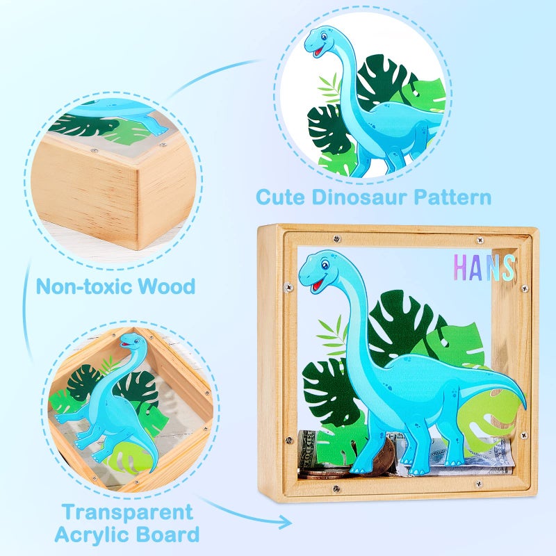 ICOSY Wooden Piggy Bank for Kids Boys Girls, DIY Name Coin Bank Unicorn Dinosaur Money Bank with Letter Stickers - Image 5